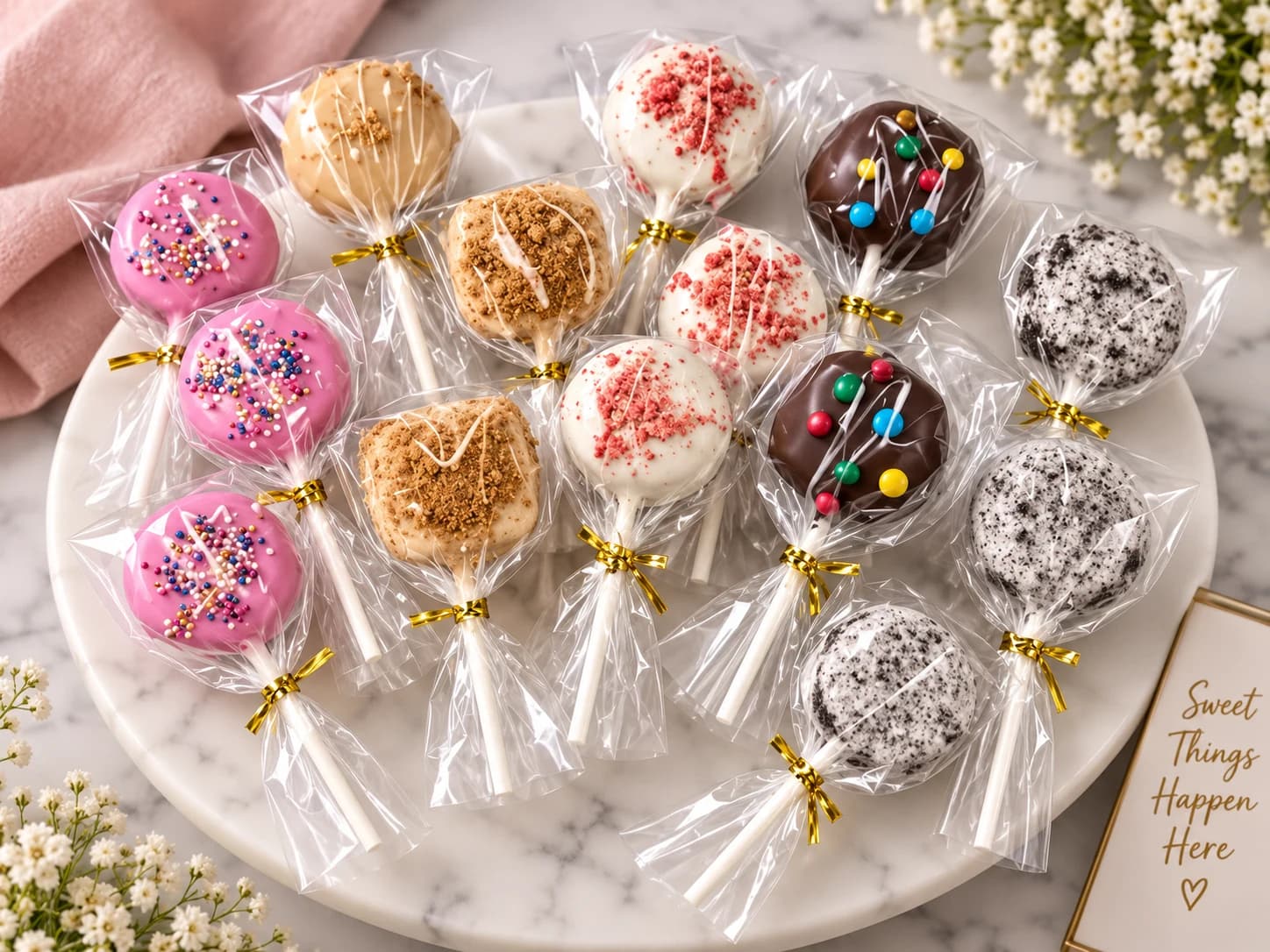 Styled image of Bon Bon’s individually wrapped cake pops with pink sprinkles, cookie crumbs, strawberry crunch, and chocolate toppings on a marble platter