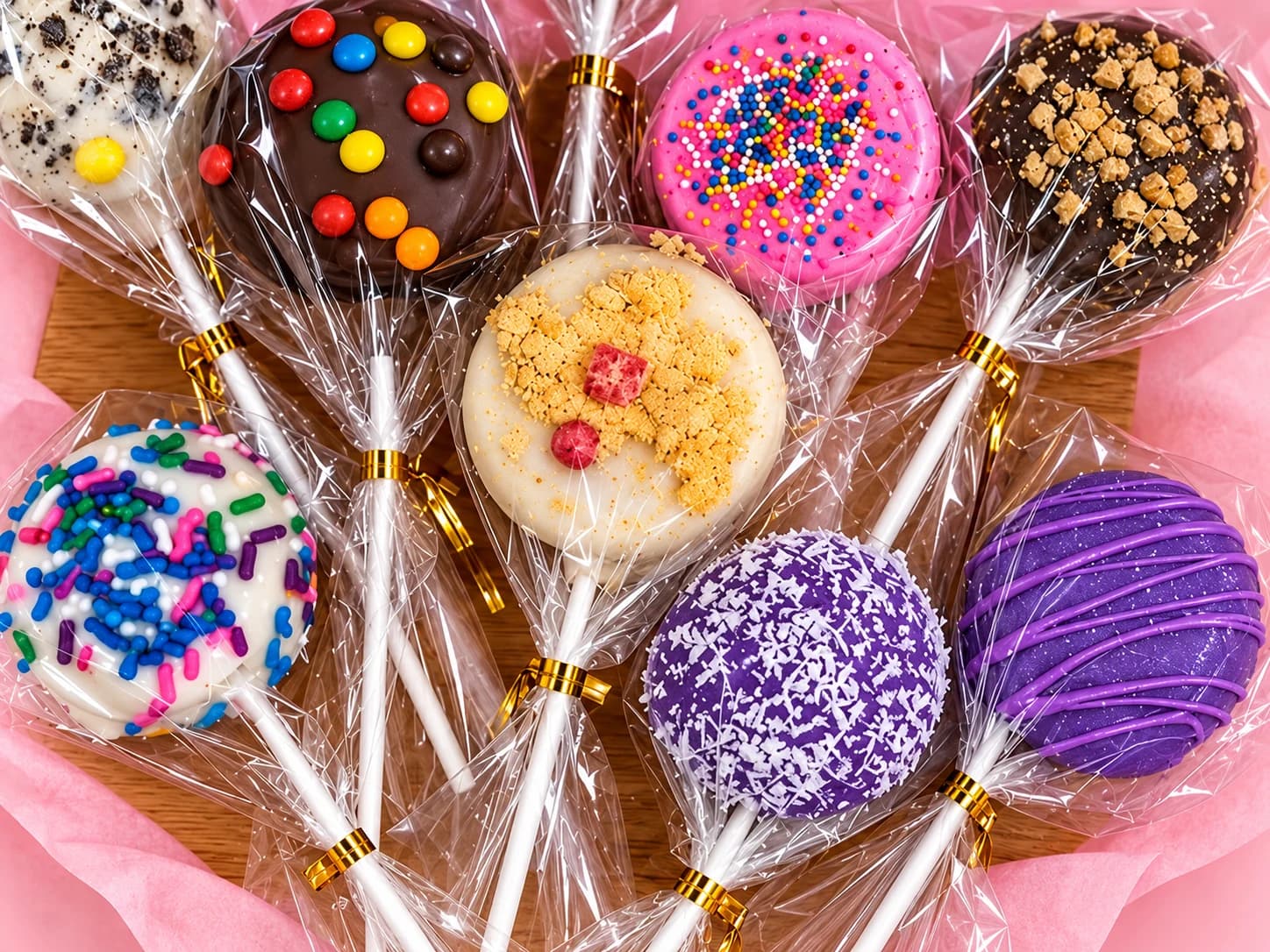 Styled image of an assortment of Bon Bon’s pink, purple, cream, and chocolate cake pops with colorful toppings