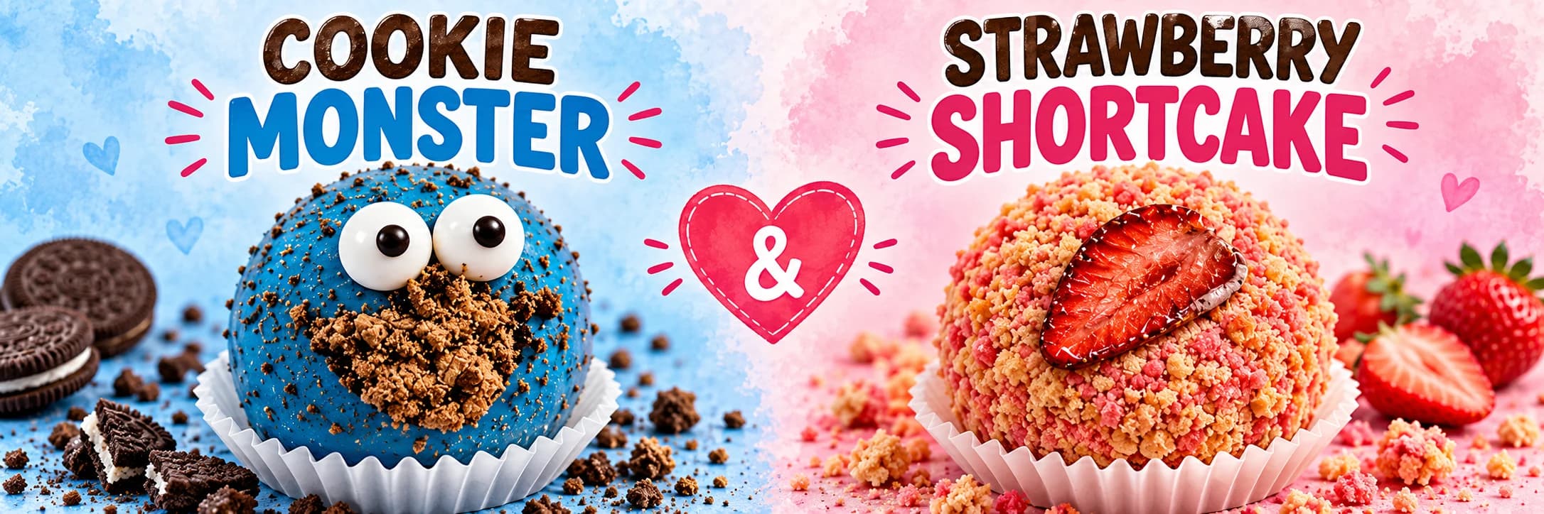 Styled image of two Bon Bon’s flavors side by side: Cookie Monster and Strawberry Shortcake