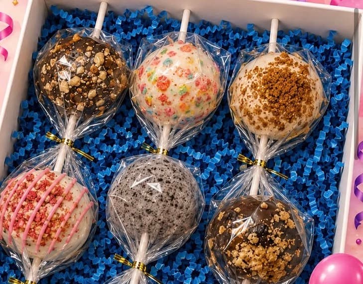 Six individually wrapped Bon Bon’s cake pops arranged in a gift box with blue paper filling