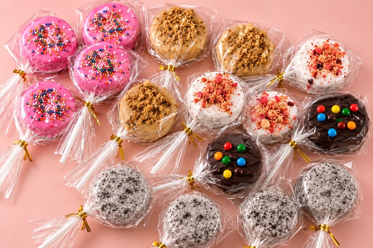Styled image of pink sprinkle, Biscoff crumb, strawberry, chocolate candy, and cookies-and-cream cake pops in clear wrappers